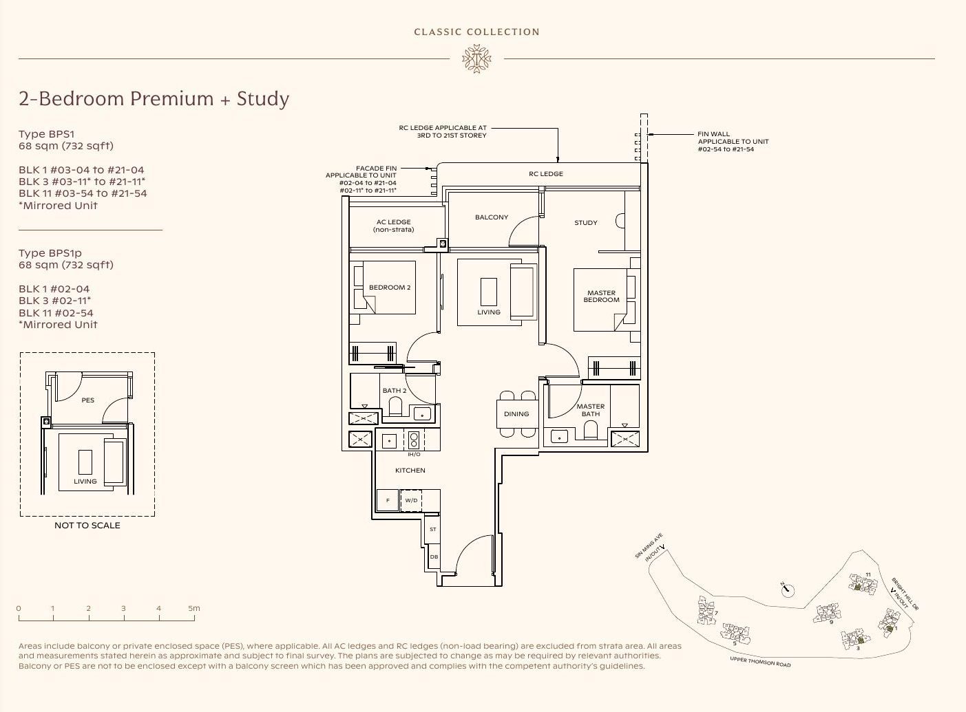 Floor plan of Thomson Reserve 2-Bedroom Premium + Study, Type BPS1, 68 sqm / 732 sqft