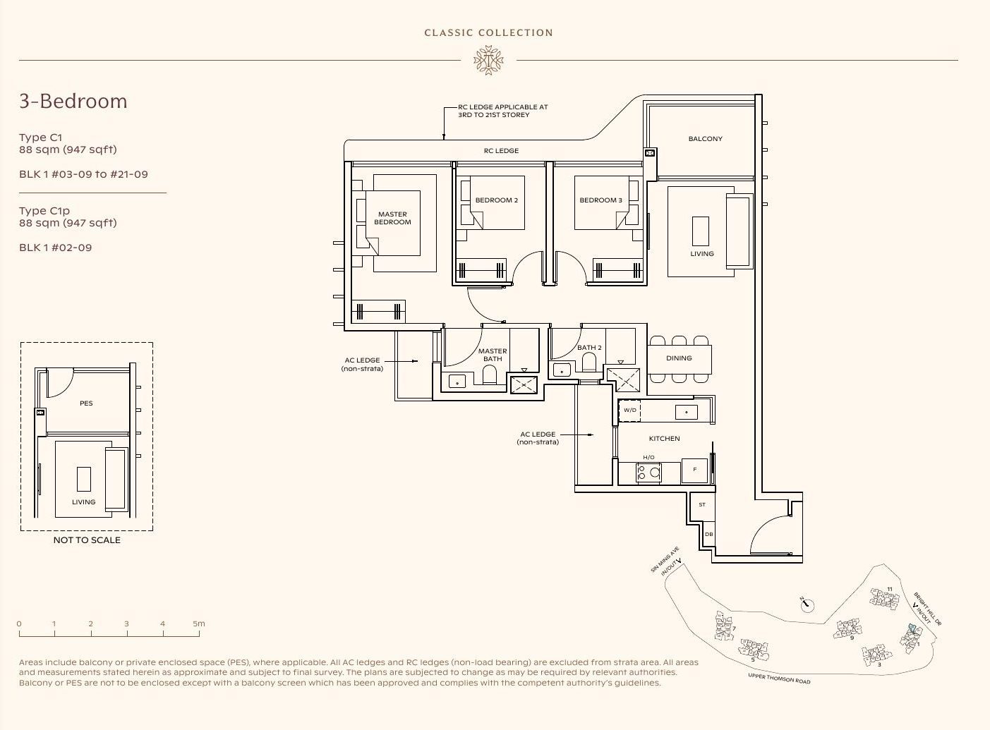 Floor plan of Thomson Reserve 3-Bedroom, Type C1, 88 sqm / 947 sqft