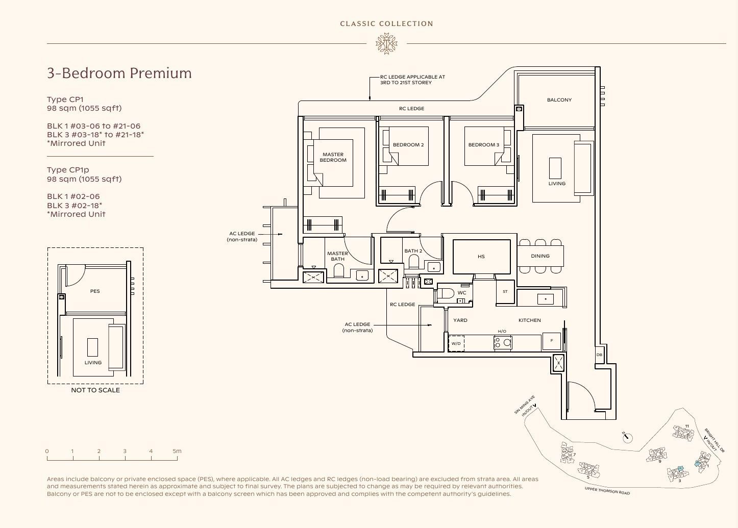 Floor plan of Thomson Reserve 3-Bedroom Premium, Type CP1, 98 sqm / 1,055 sqft