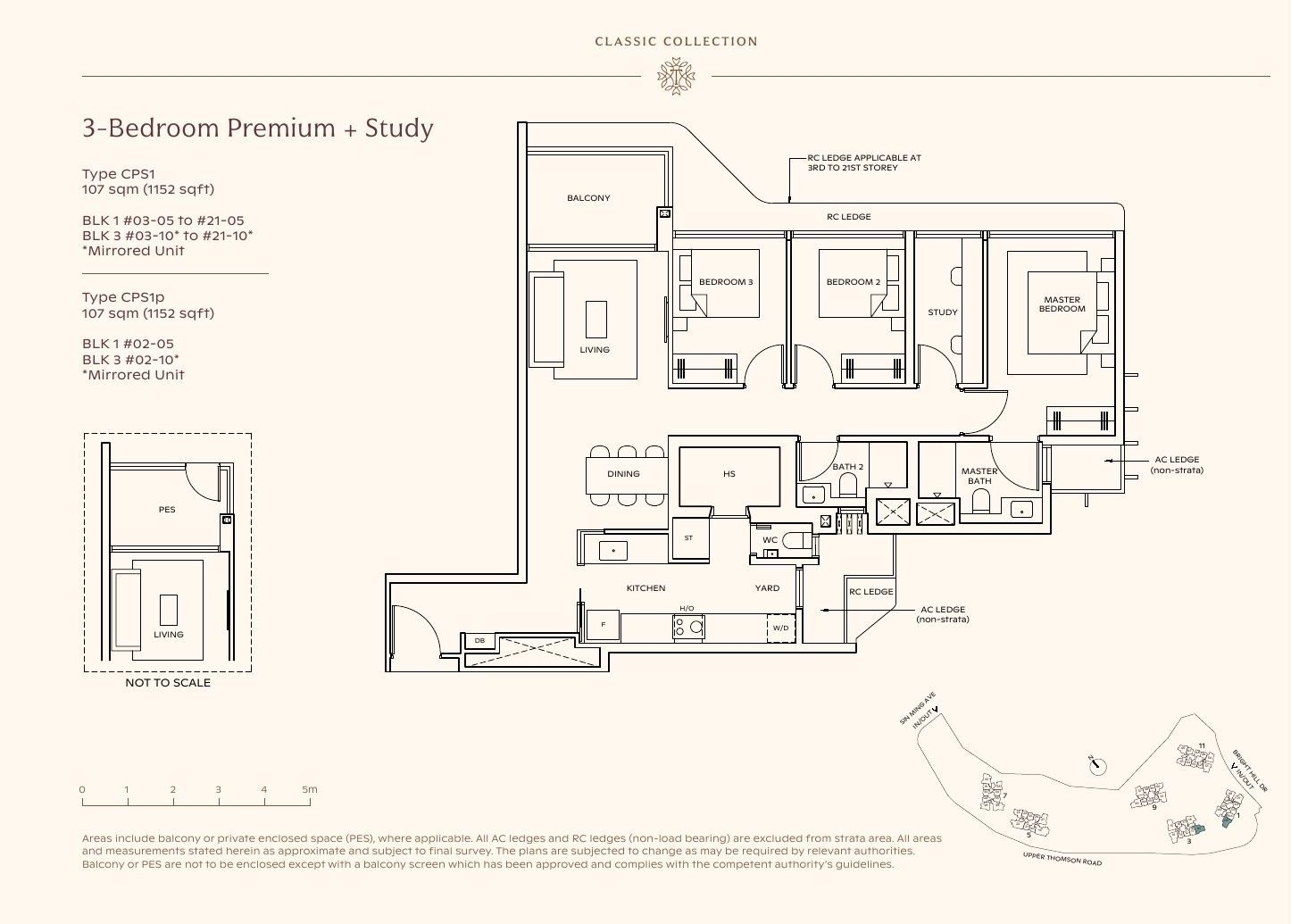 Floor plan of Thomson Reserve 3-Bedroom Premium + Study, Type CPS1, 107 sqm / 1,152 sqft