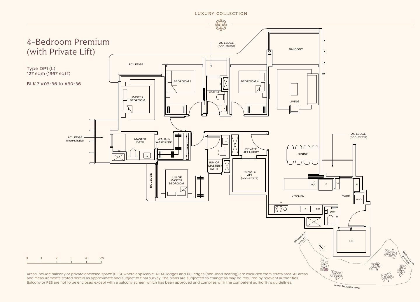 Floor plan of Thomson Reserve 4-Bedroom Premium, Type DP1 (L), 127 sqm / 1,367 sqft, private lift