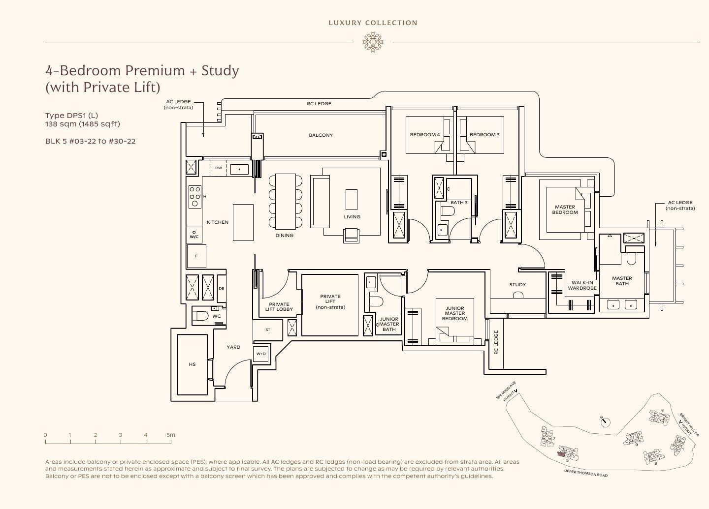 Floor plan of Thomson Reserve 4-Bedroom Premium + Study, Type DPS1 (L), 138 sqm / 1,485 sqft, private lift