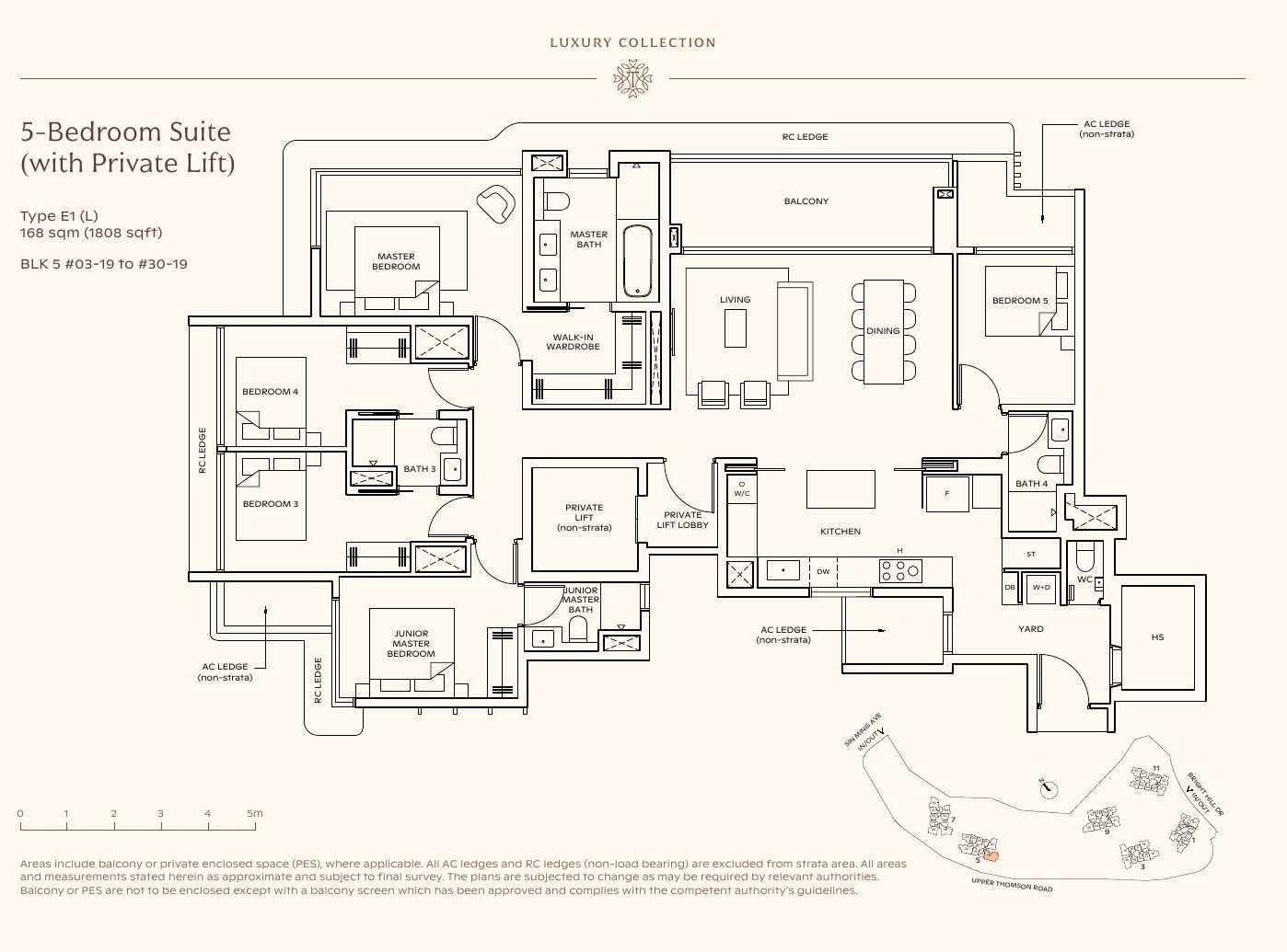 Floor plan of Thomson Reserve 5-Bedroom Suite, Type E1 (L), 168 sqm / 1,808 sqft, private lift