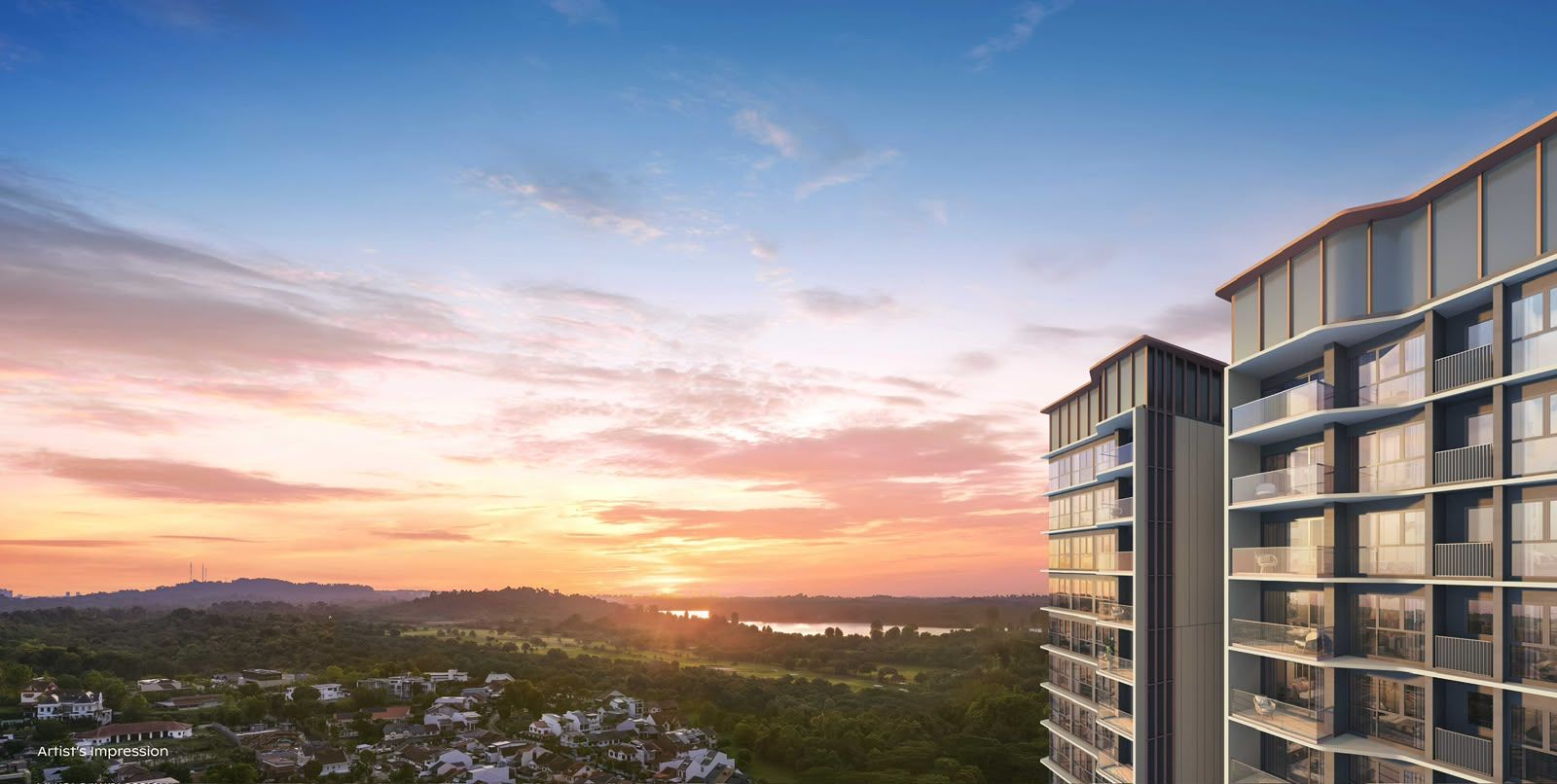 Artist's impression of a sunset view from the upper floors of Thomson Reserve over greenery towards the horizon